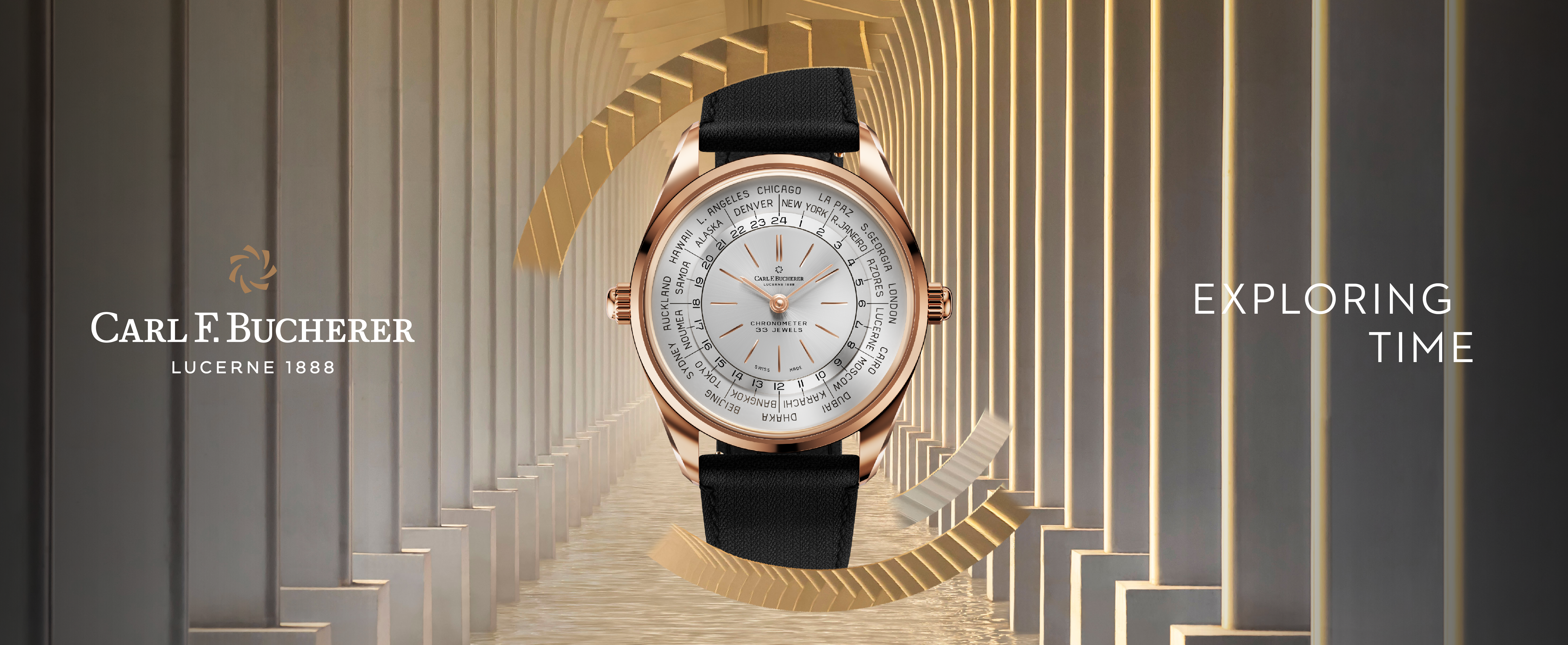CARL F. BUCHERER Heritage Worldtimer 39 mm Armbanduhr, 18 K Rotgold Automat. rund 3 Atm Zifferblatt: silbern Index, Textil-Band, (Limited Edition 88 pieces) Ref.:00.10805.03.13.01