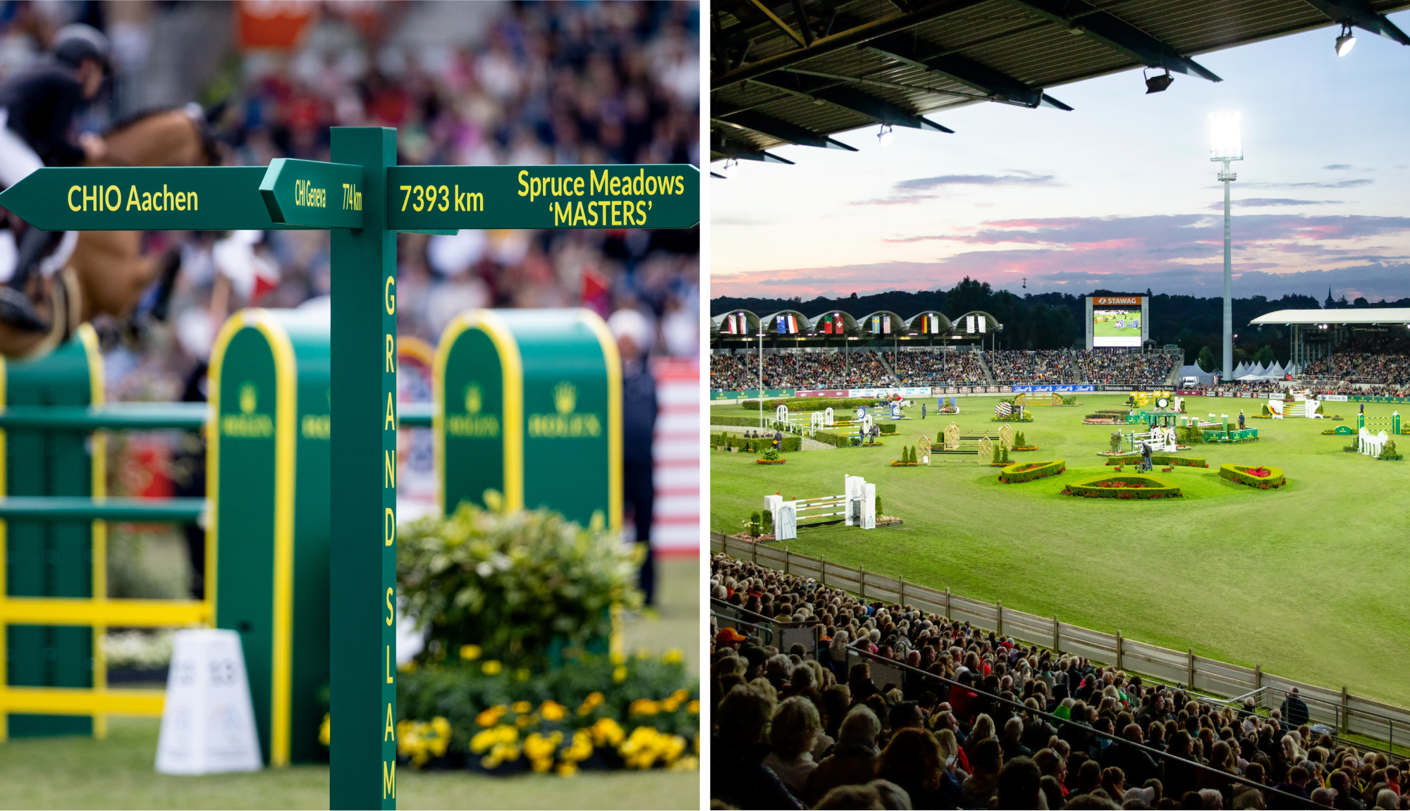 A green signpost with arrows pointing to CHIO Aachen and Spruce Meadows, next to a large equestrian arena with spectators.