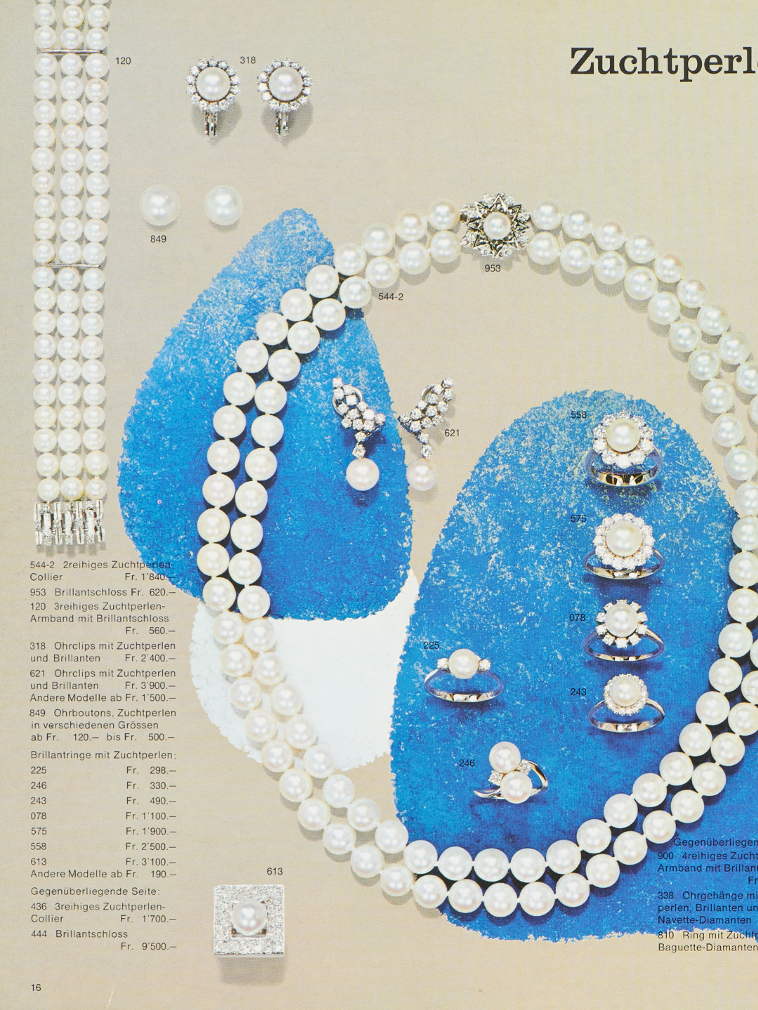 A collection of pearl jewelry, including necklaces, earrings, rings, and bracelets, displayed on a blue surface.