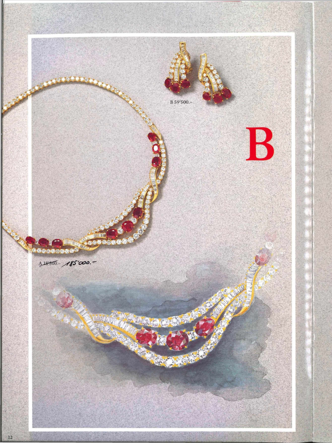 A gold and ruby necklace and matching earrings, with a watercolor sketch of the necklace below.