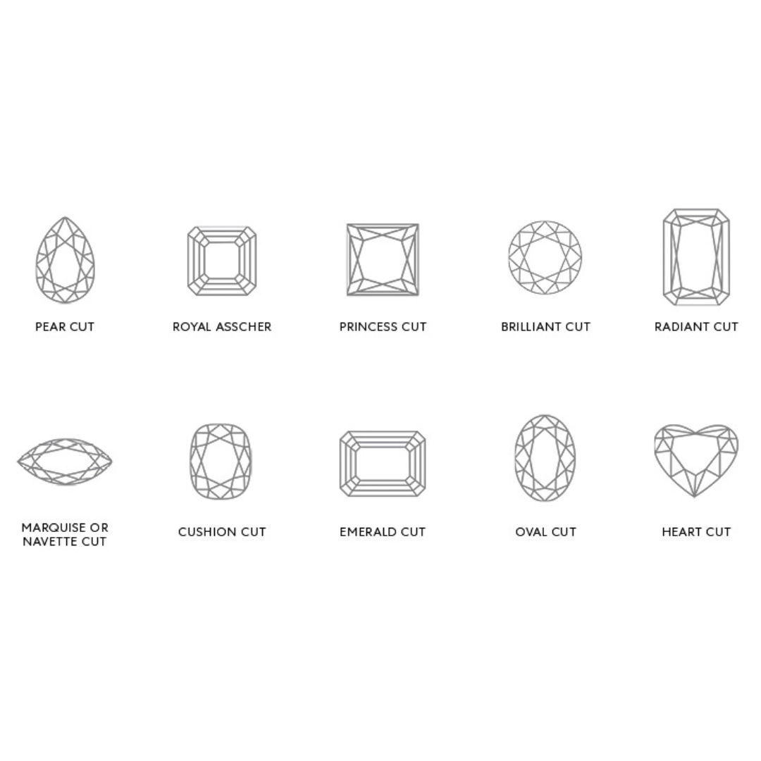 Zehn verschiedene Diamantschliffe, darunter Birne, Royal Asscher, Prinzessin, Brillant, Radiant, Marquise, Kissen, Smaragd, Oval und Herz.