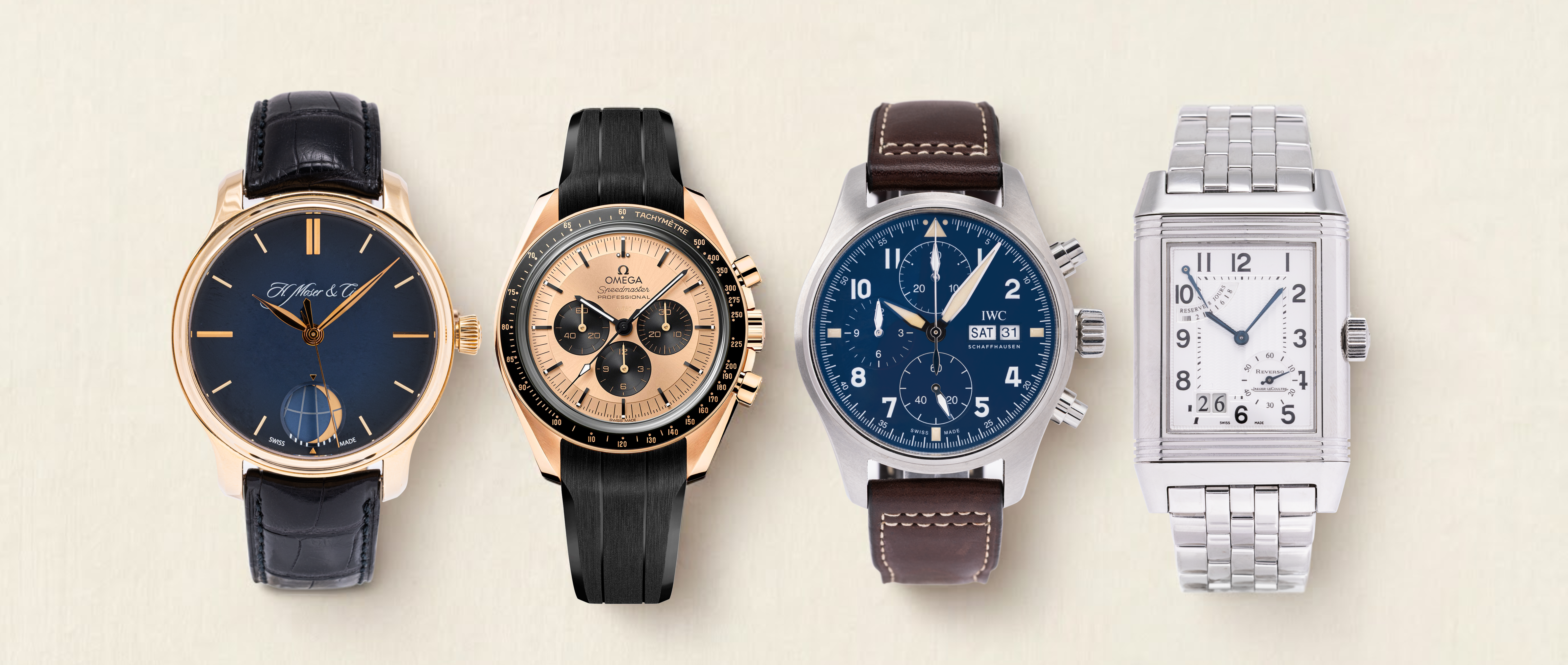 Four luxury watches are displayed side-by-side: a gold H. Moser & Cie, a rose gold Omega, a steel IWC, and a steel Jaeger-LeCoultre.
