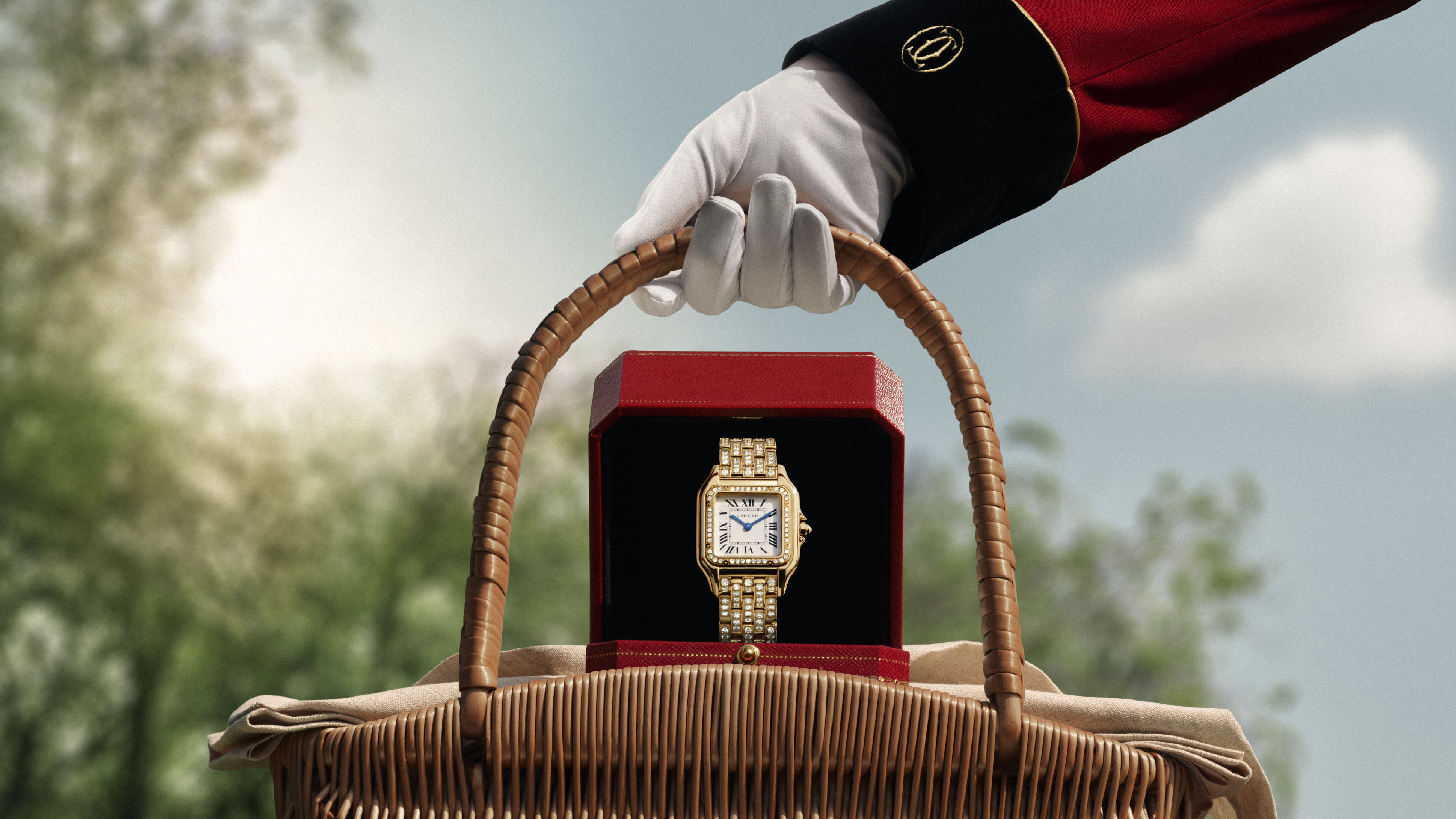 Collage of Cartier watch models including Santos, Tank, Ballon Bleu and Pasha, featuring distinctive cases and Roman numerals