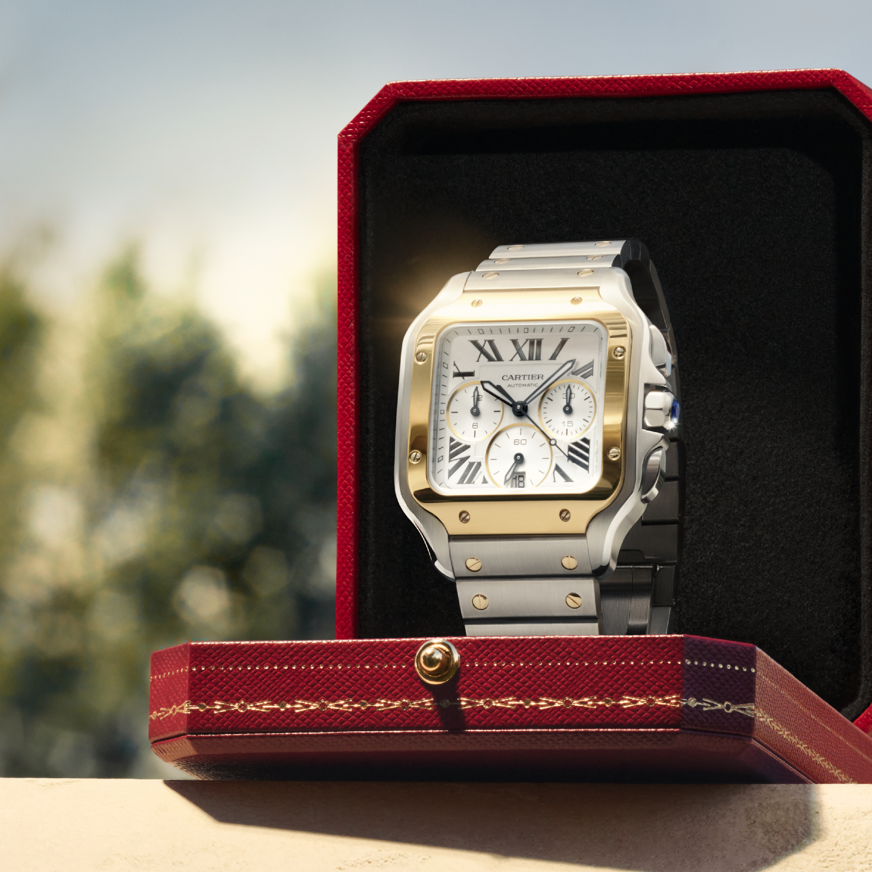 Close-up video of the Cartier Santos watch showcasing its iconic design details in motion.