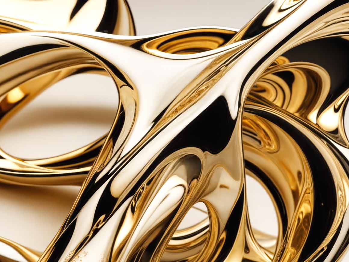 Close-up of a polished, abstract gold sculpture with smooth, flowing, and reflective curves.