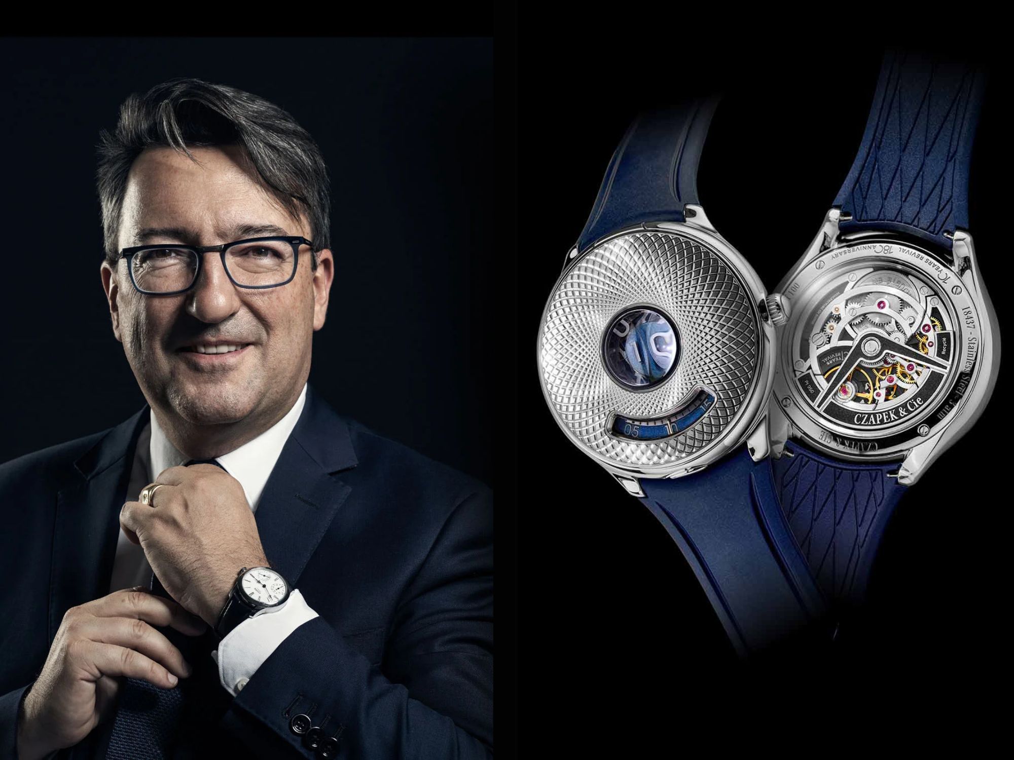 Un homme en costume ajuste sa cravate, à côté d'un gros plan d'une montre de luxe.