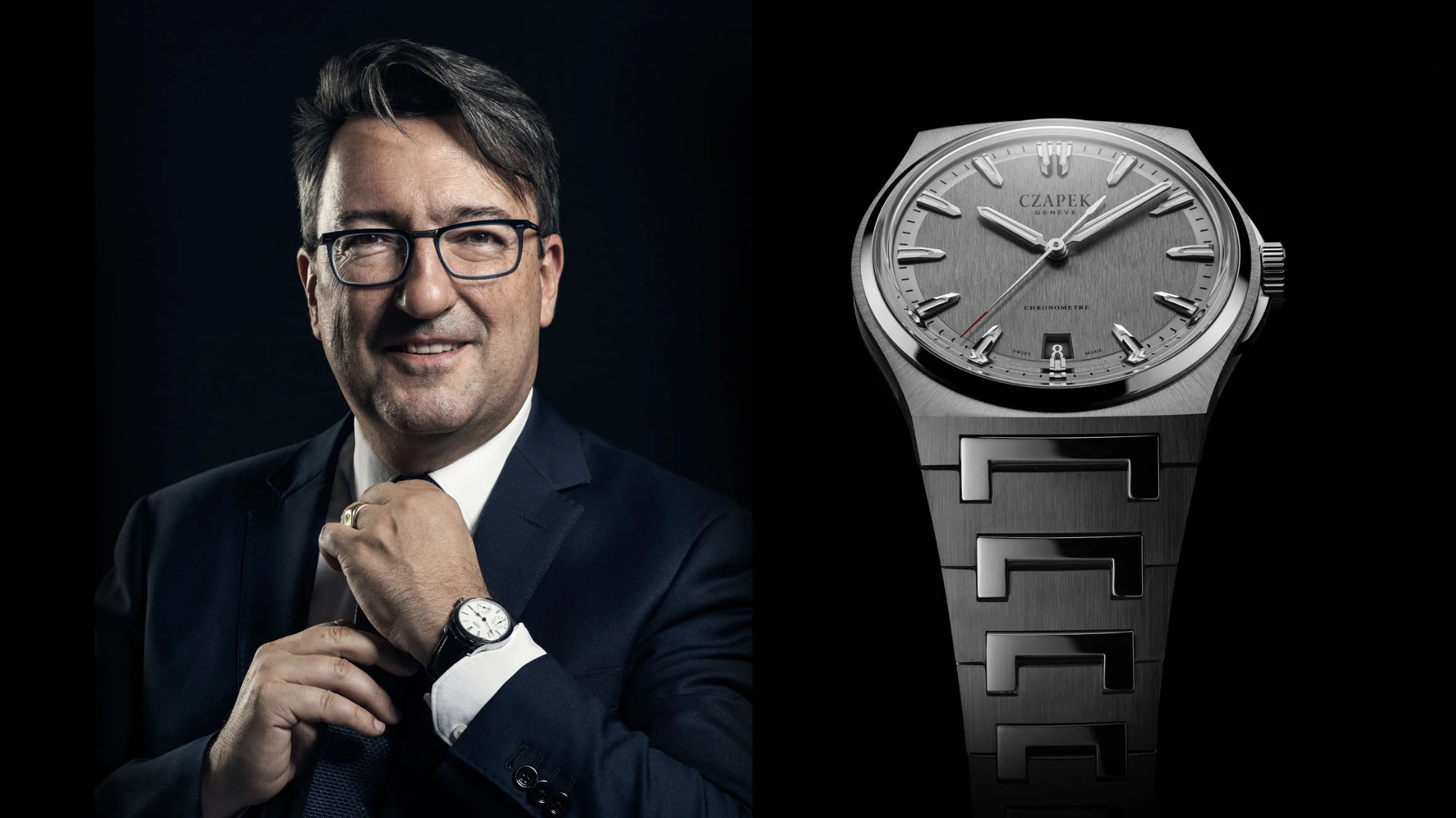 Ein Mann im Anzug richtet seine Krawatte neben einer Nahaufnahme einer luxuriösen Czapek-Armbanduhr.