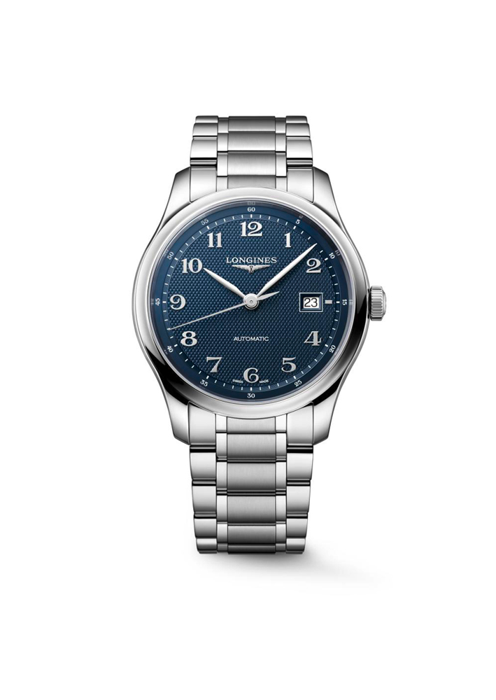 A silver stainless steel Longines automatic watch with a textured blue dial and metal link bracelet.