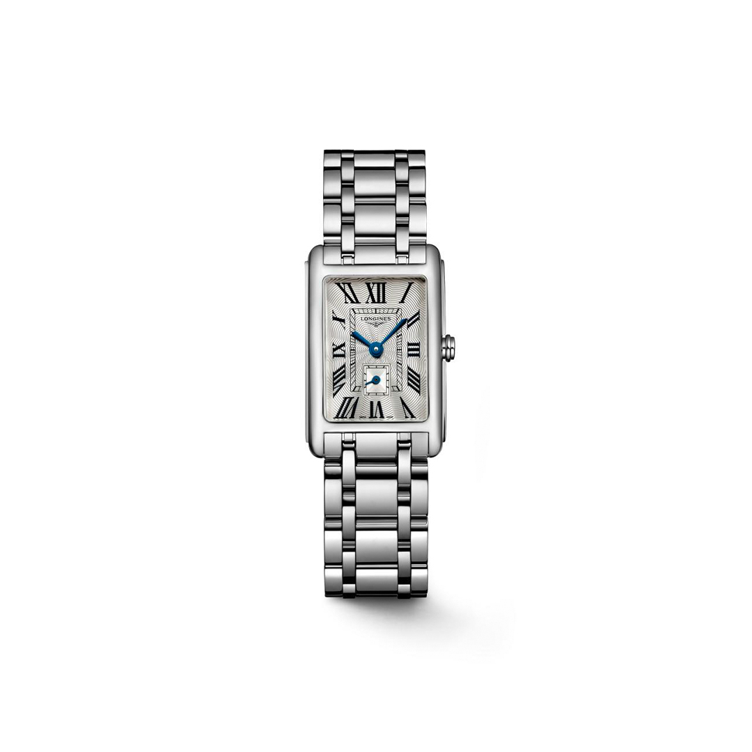 Silver Longines rectangular wristwatch with Roman numerals, blue hands, and a linked metal bracelet.