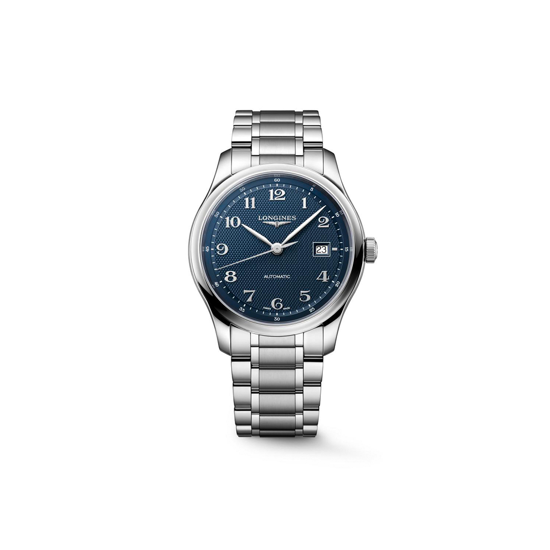 A stainless steel Longines automatic watch featuring a textured blue dial with Arabic numerals and a matching metal bracelet.