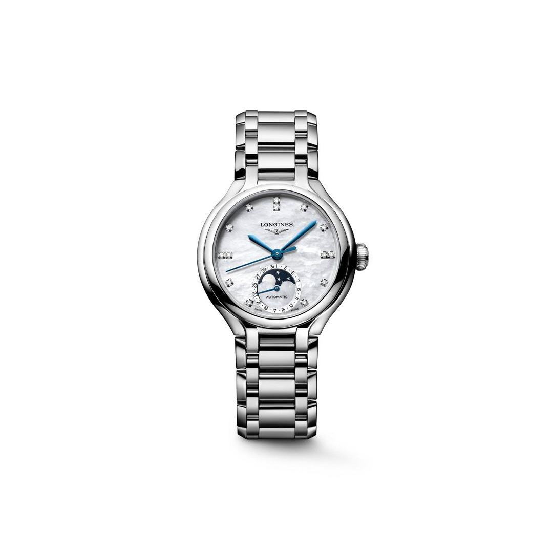 Silver Longines wristwatch with a mother-of-pearl dial, diamond hour markers, blue hands, and a moonphase complication.